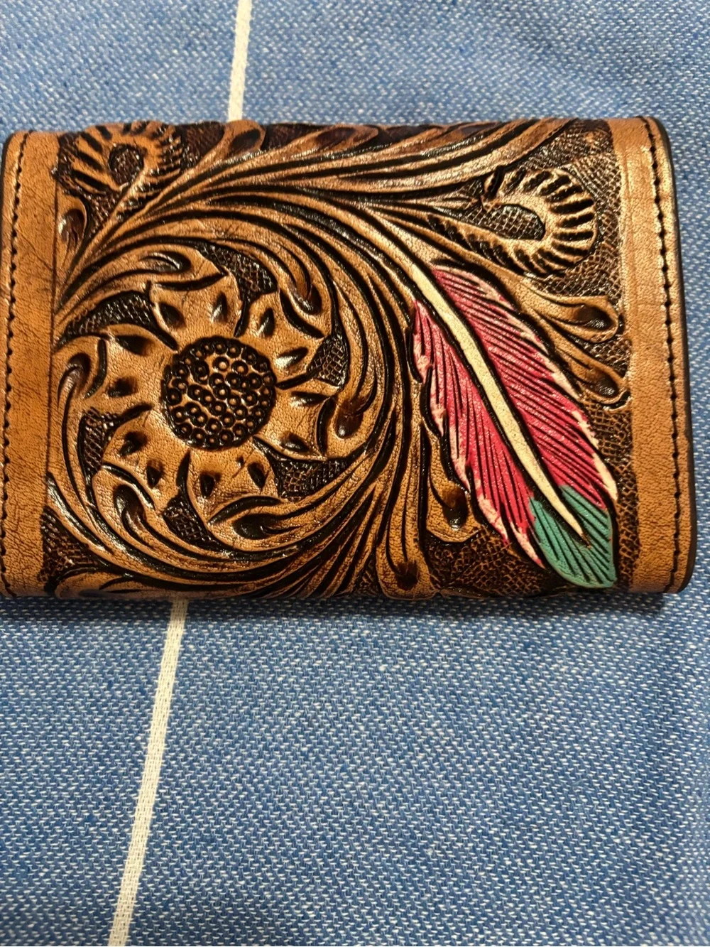 Hand-Tooled Floral Leather Wallet with Pink Accent